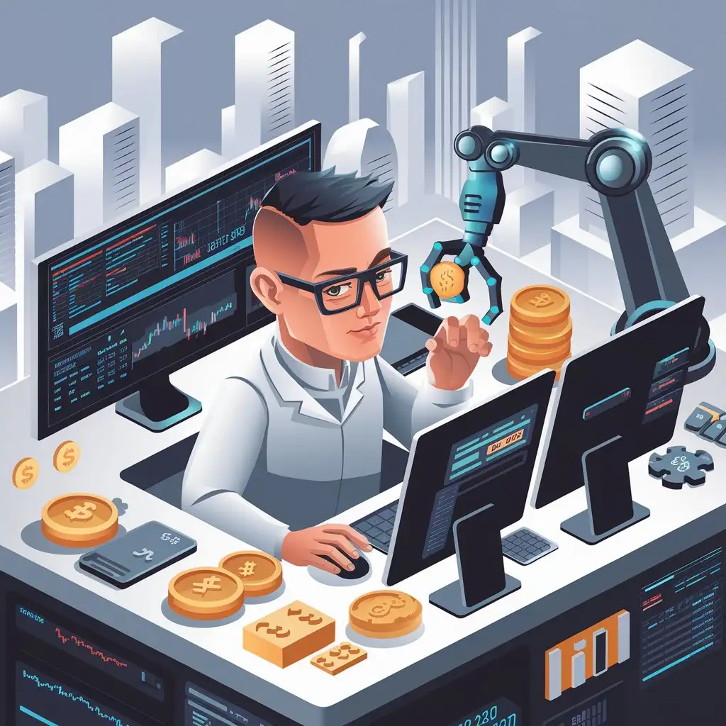 a creative developer with scientific appearance automating finance processes in a futuristic scene with isometric style