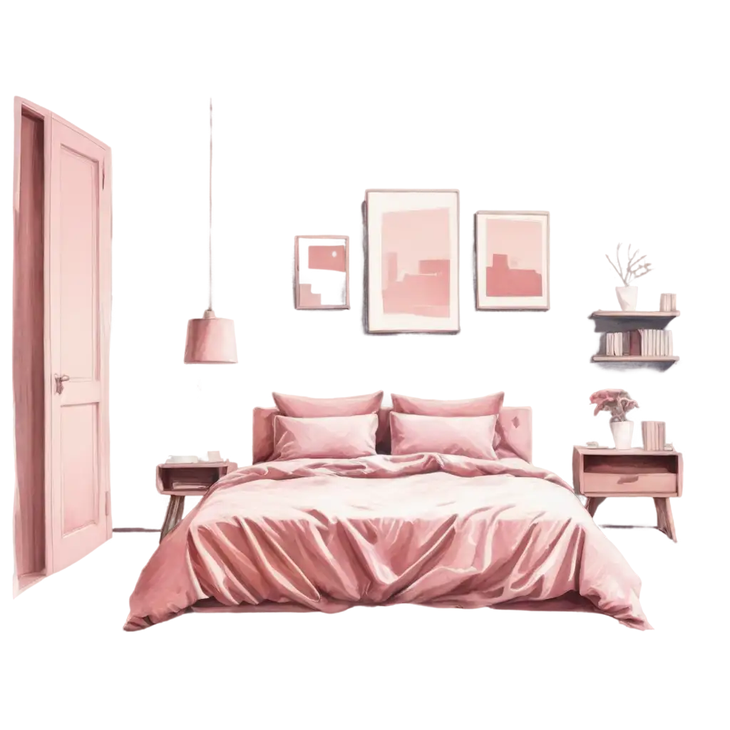 Interior design sketch of a bedroom in shades of pink