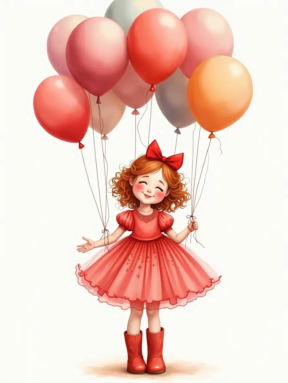 photo-realistic airy realistic watercolor, photorealism, wide strokes, a gentle sweet little girl in full height of European DreamWorks appearance, reddish curls, drawing of eyelashes, playful look, playfully laughing, closed cheeks, rosy cheeks, freckles, a big red bow on her headdressed in a red fluffy airy dress with sequins. boots on the feet. With a red bow, a complex full-length perspective. Holds a lot of balloons, watercolor, ink drawing, beautiful, 4k, high detail