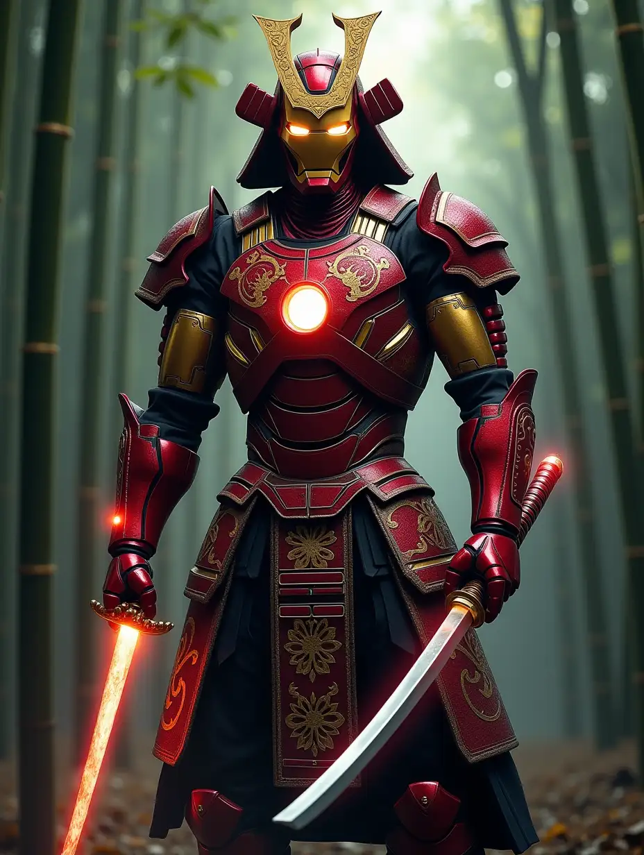 Iron-Man-in-Samurai-Armor-with-Glowing-Red-and-Gold-Highlights-in-a-Misty-Bamboo-Forest