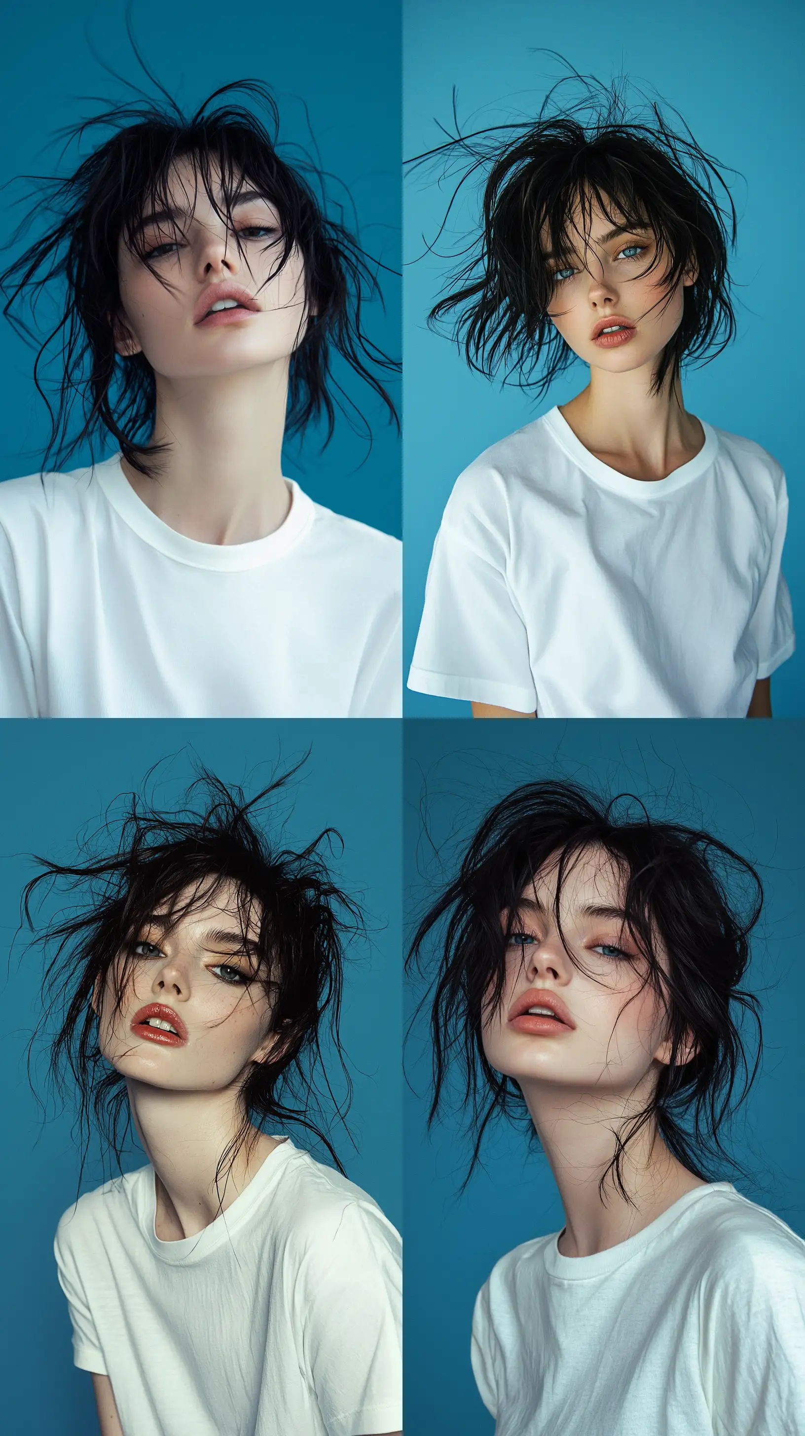 Modern-Fashion-Editorial-Portrait-of-a-Woman-with-Messy-Black-Hair-and-White-TShirt