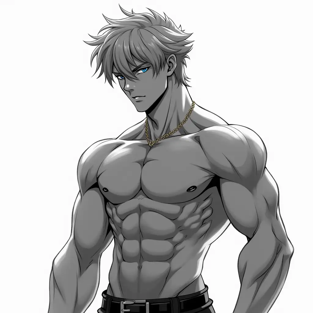 image anime man has muscles like David laid,black and white