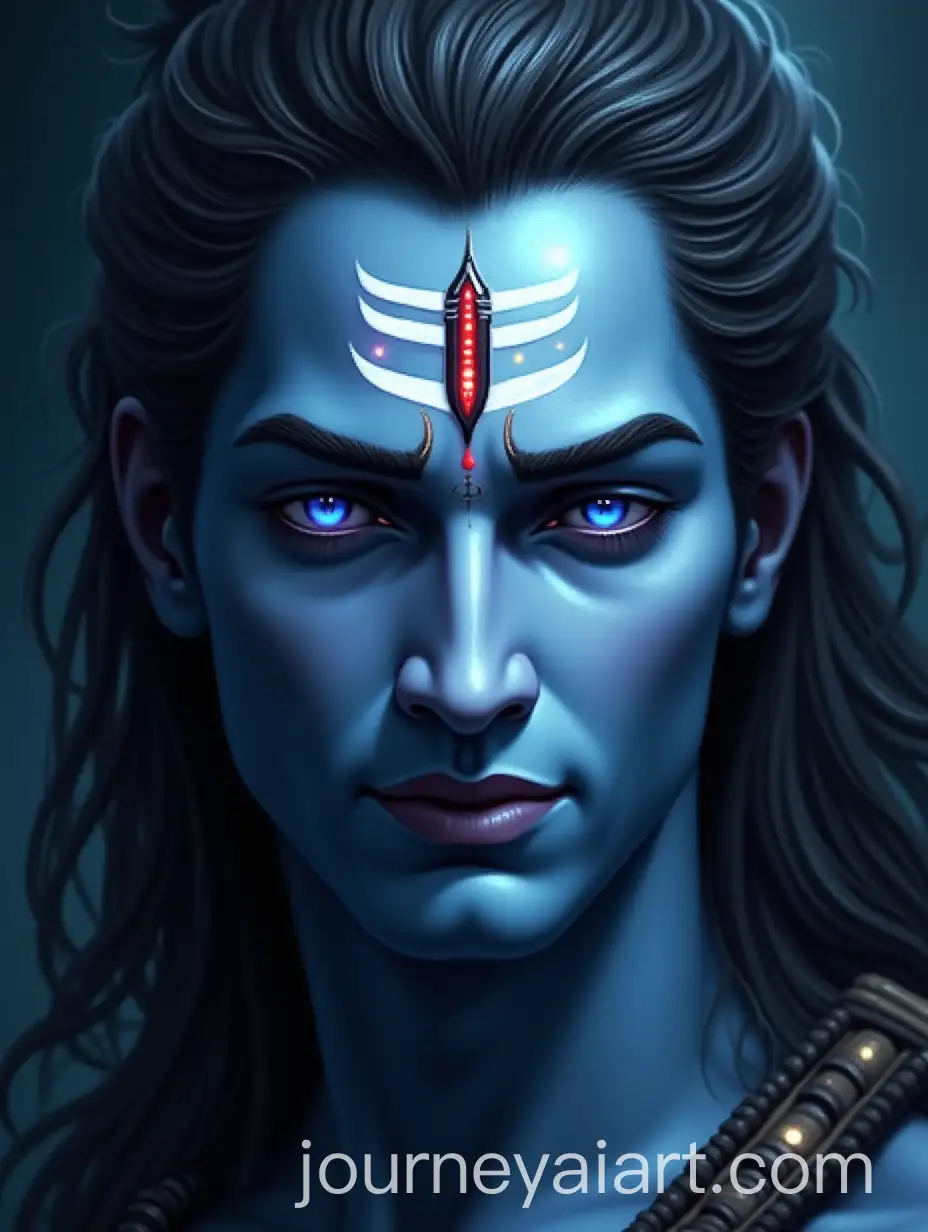 Lord-Shiva-in-a-Futuristic-Mystical-Style-with-Glowing-Blue-Eyes-and-Cosmic-Background