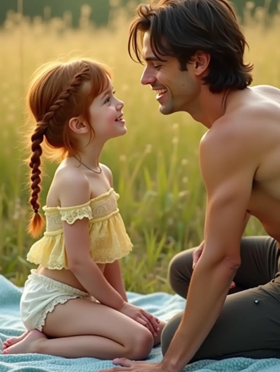 Girl-in-Pale-Yellow-Top-Kneeling-on-Blanket-in-Sunny-Field-with-Man-Standing-Nearby