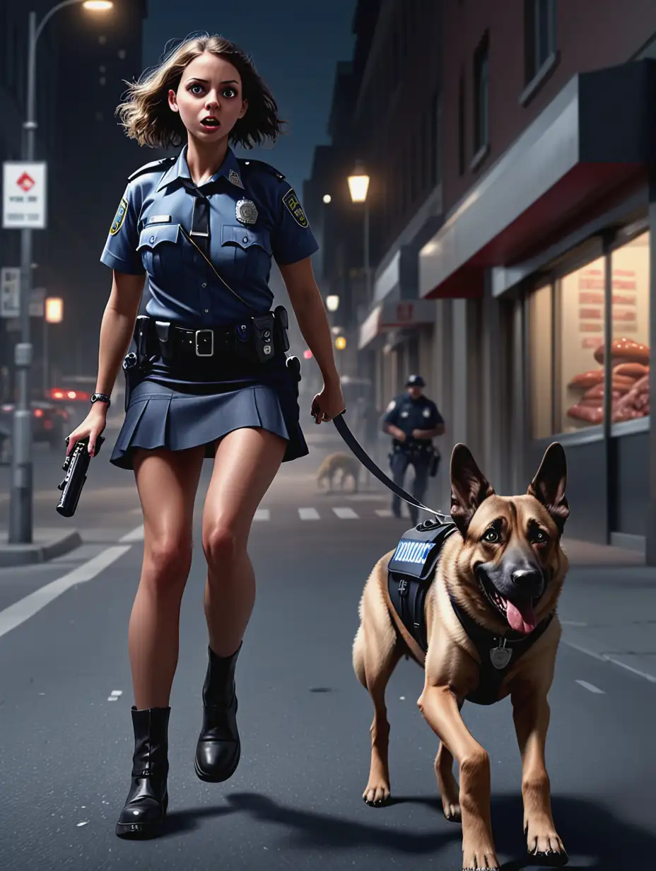 Police-Girl-Chasing-Sausage-Thief-with-Service-Dog-at-Night