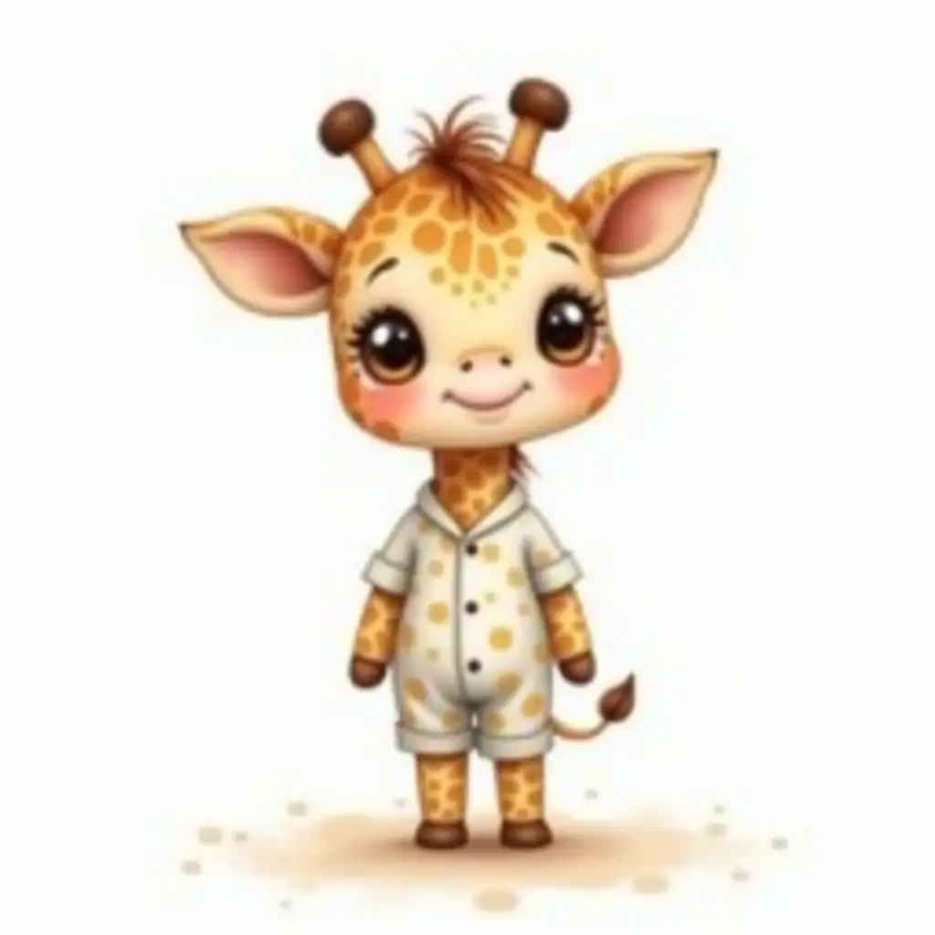 A very small and cute little giraffe girl in a polka-dot pajama and matching bow, standing tall, with a smile showing her first tooth. Oil painting, watercolor, oil, high detail, 4k, bright colors, white background, cartoon