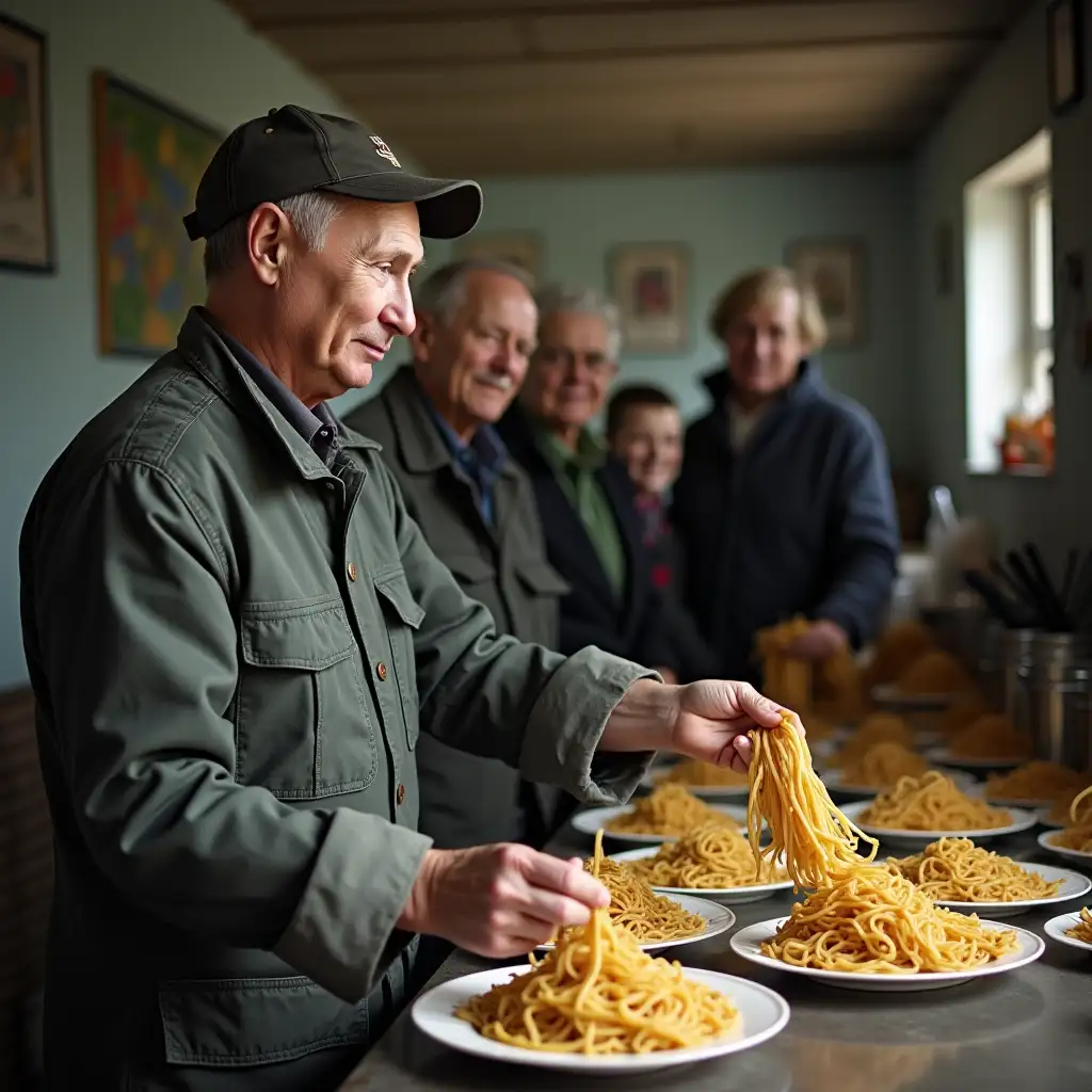 Vladimir Putin cook in a cap gives out noodles on plates in a canteen for the elderly, photo