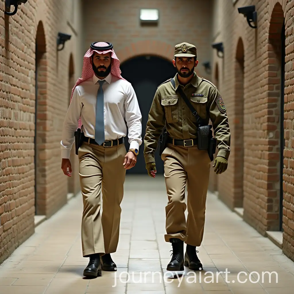 Group-of-Military-Men-and-Arab-in-Medieval-Prison-Tunnel-with-Surveillance