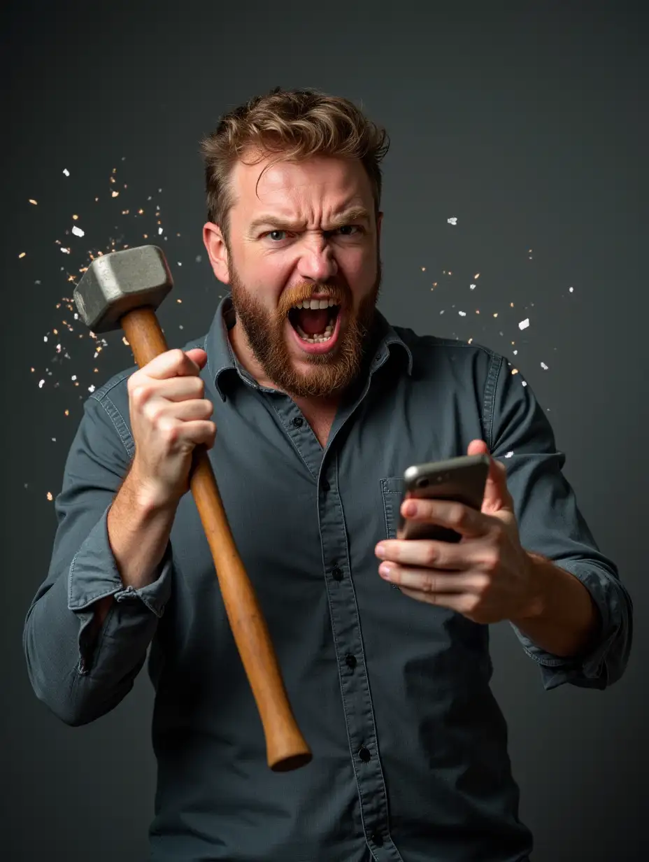 an angry man smashing a cell phone with a hammer