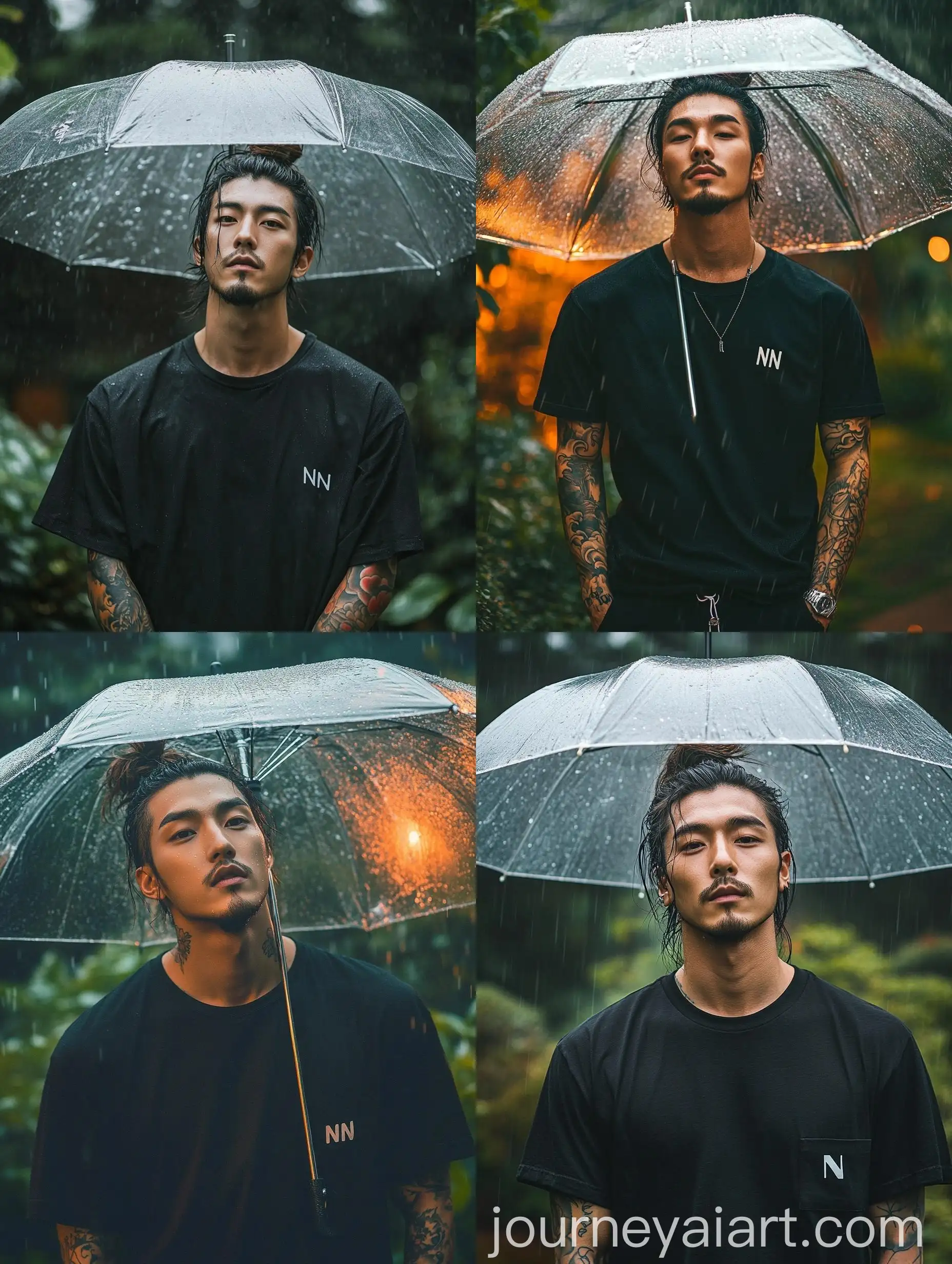 Tattooed-Korean-Man-with-Man-Bun-Enjoying-Rain-Under-Umbrella