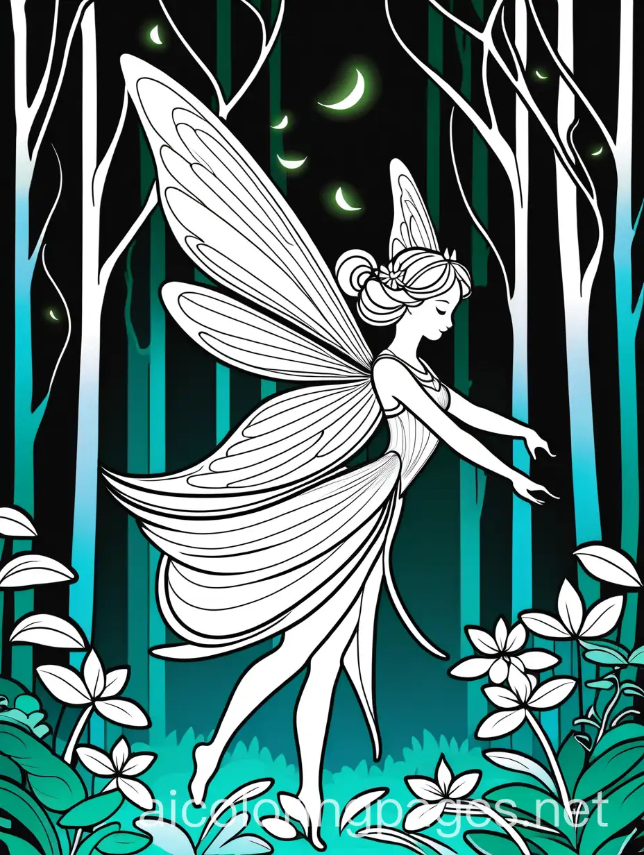 Dancing fairy with glow wings at dark forest. Color pastel , Coloring Page, black and white, line art, white background, Simplicity, Ample White Space. The background of the coloring page is plain white to make it easy for young children to color within the lines. The outlines of all the subjects are easy to distinguish, making it simple for kids to color without too much difficulty