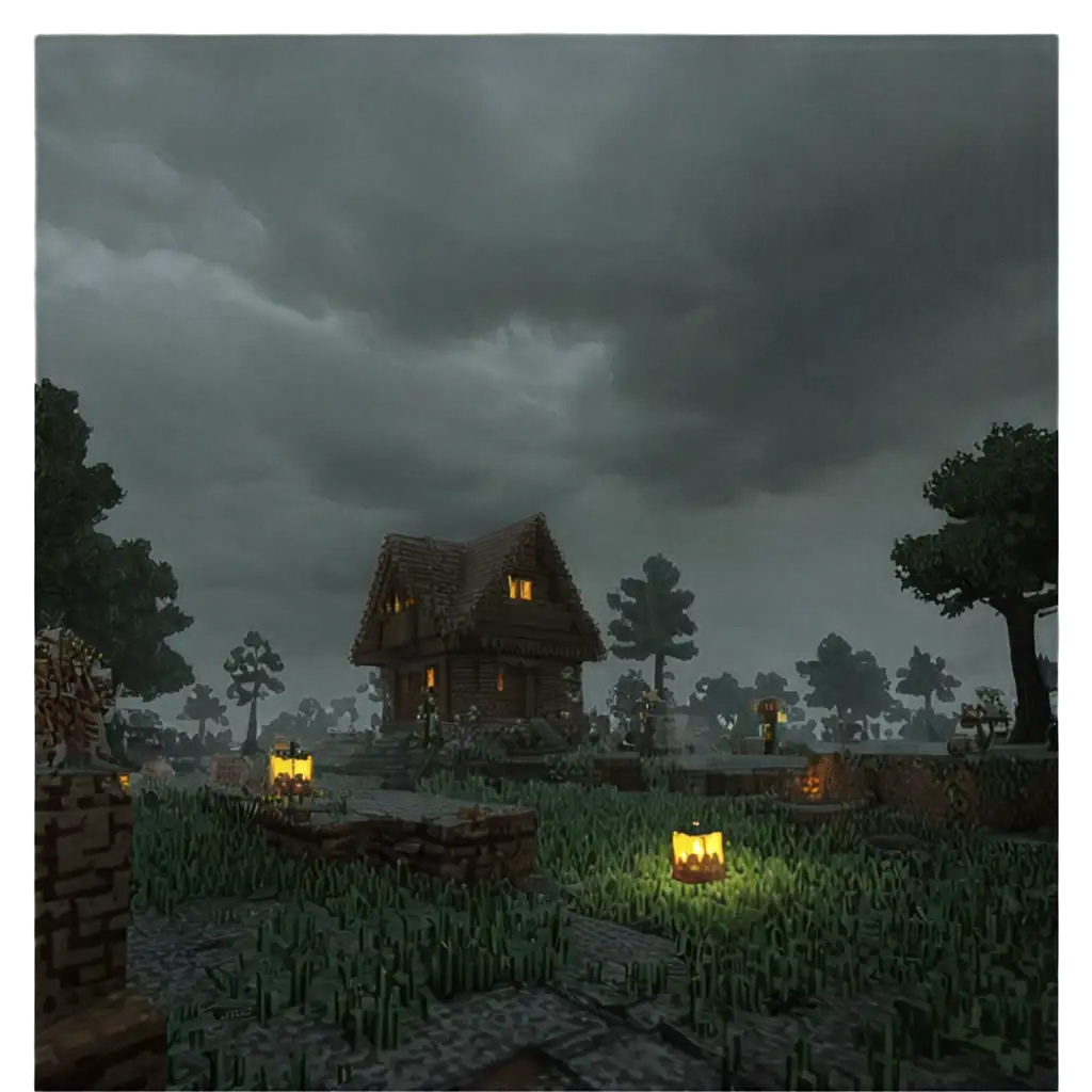 In the Minecraft universe, there is a wither storm in the background. The surroundings are spooky and nocturnal