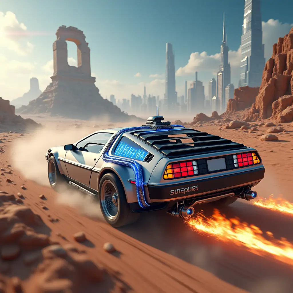 Futuristic-DeLorean-Time-Machine-Racing-Through-a-Surreal-MixedTimeline-Landscape