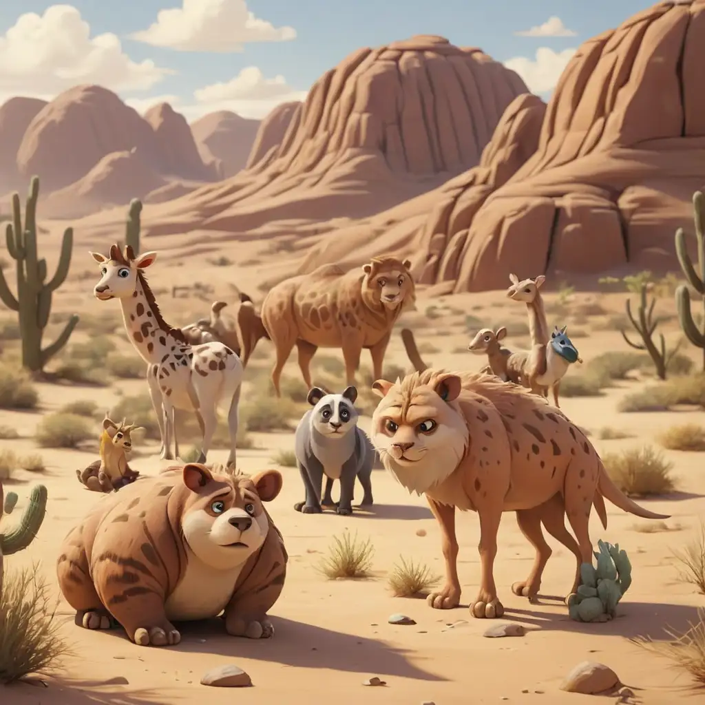 Cartoon Desert Animals Exploring Oasis Adventure