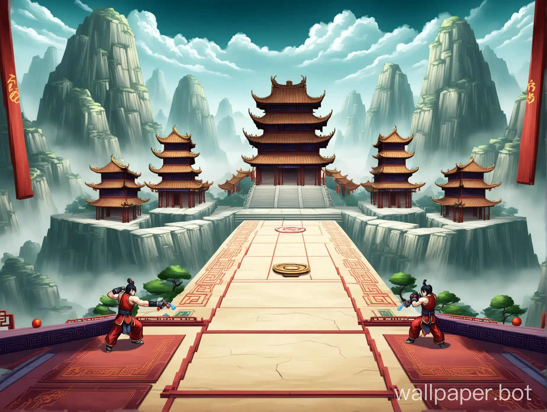 2d videogame fighter stage, 2d videogame ring level, fighting game stage, floor level perspective, ancient china, floor level, huge towering mountains and temples in the sky