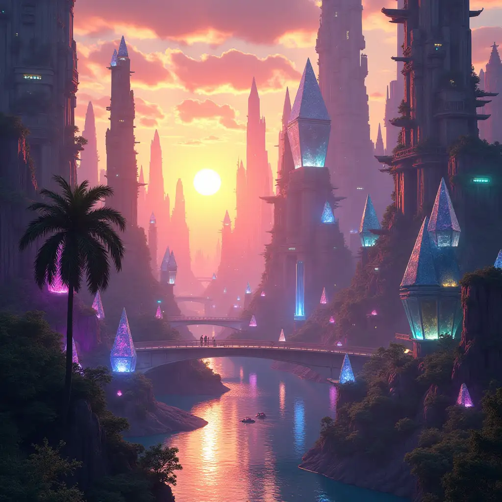 A vibrant, utopian cityscape, with flying vehicles weaving through towering bioluminescent trees and crystal structures, bathed in the warm glow of a setting sun