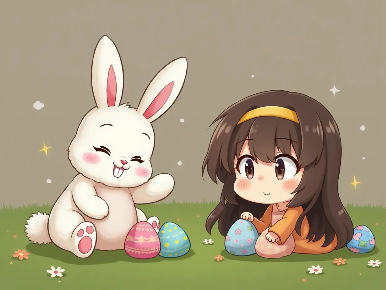 Easter celebration with bunny and eggs and my portrait with action figure