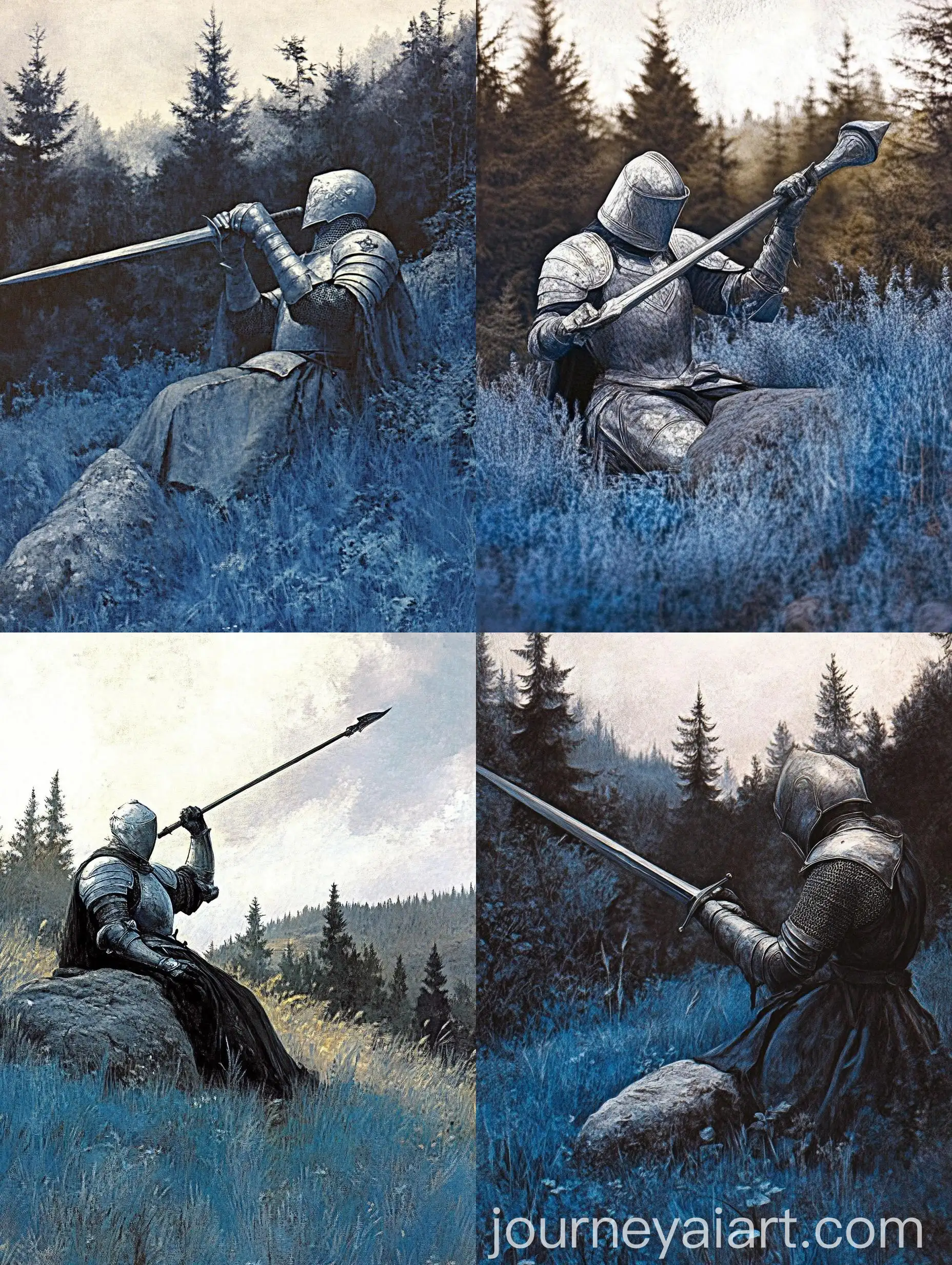 Knight-in-Silver-Armor-Resting-on-Stone-in-Dark-Fantasy-Landscape