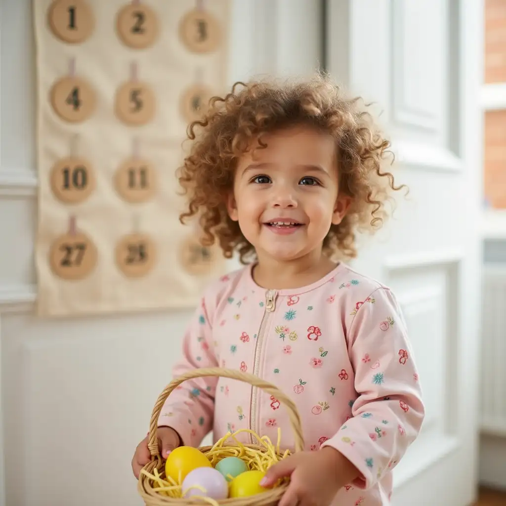 A curly - haired child stands in front of a white door, wearing a pastel - colored outfit with Easter - themed patterns. Behind the child is a fabric advent calendar. The child holds a small basket filled with colorful Easter eggs and Easter shredded grass. Soft, warm light envelops the scene, enhancing the cheerful and festive Easter atmosphere. The overall scene showcases a joyous moment full of anticipation and celebration during Easter.