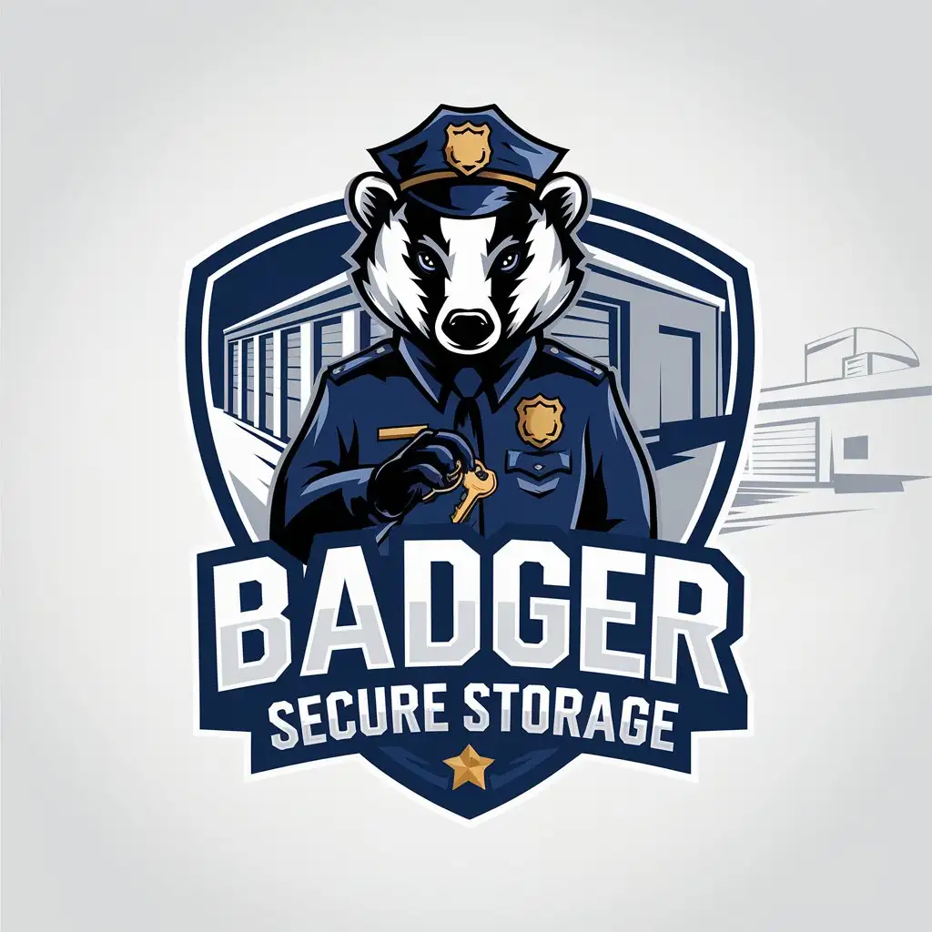 LOGO Design for Badger Secure Storage Animated Building with Mini Storage Units and Badger in Police Uniform Theme