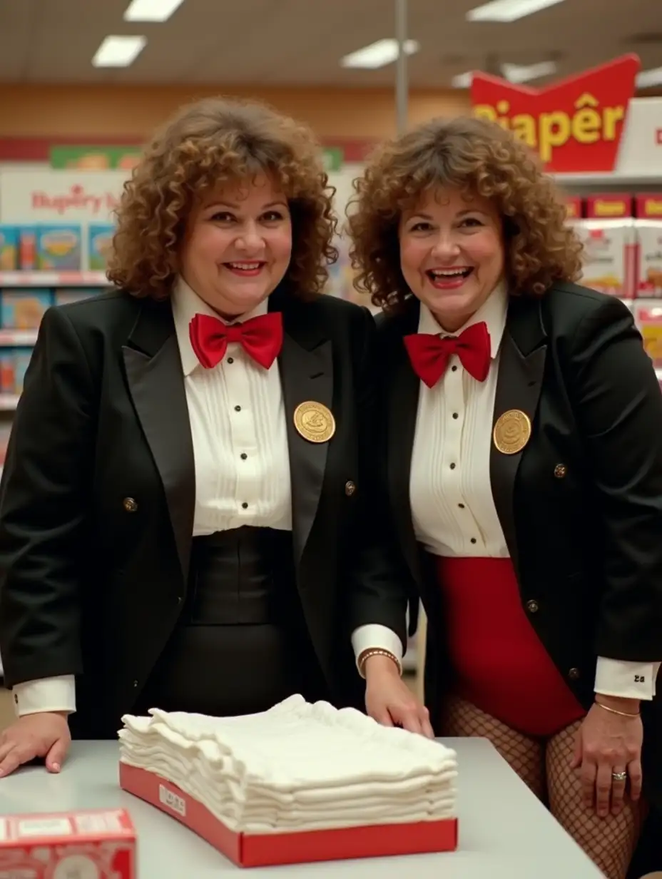 Older-Caucasian-Women-in-Formal-Orchestra-Tuxedos-Shopping-for-Diapers-at-Supermarket