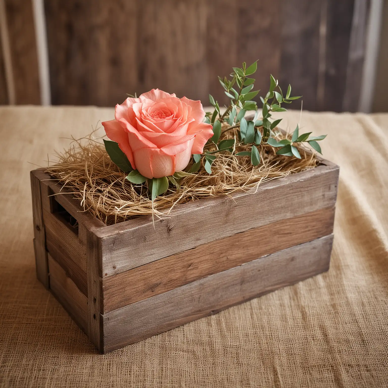 rustic centerpiece with a small wood box filled with hay and a single coral rose blossom; keep background neutral