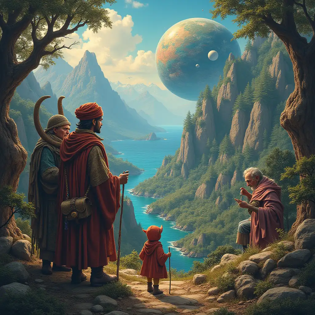 Ultradetailed hyperrealistic portrait  Multiverse time traveler with various strange beings The elaborately detailed, colorful forested planet, in the background mountains and sea