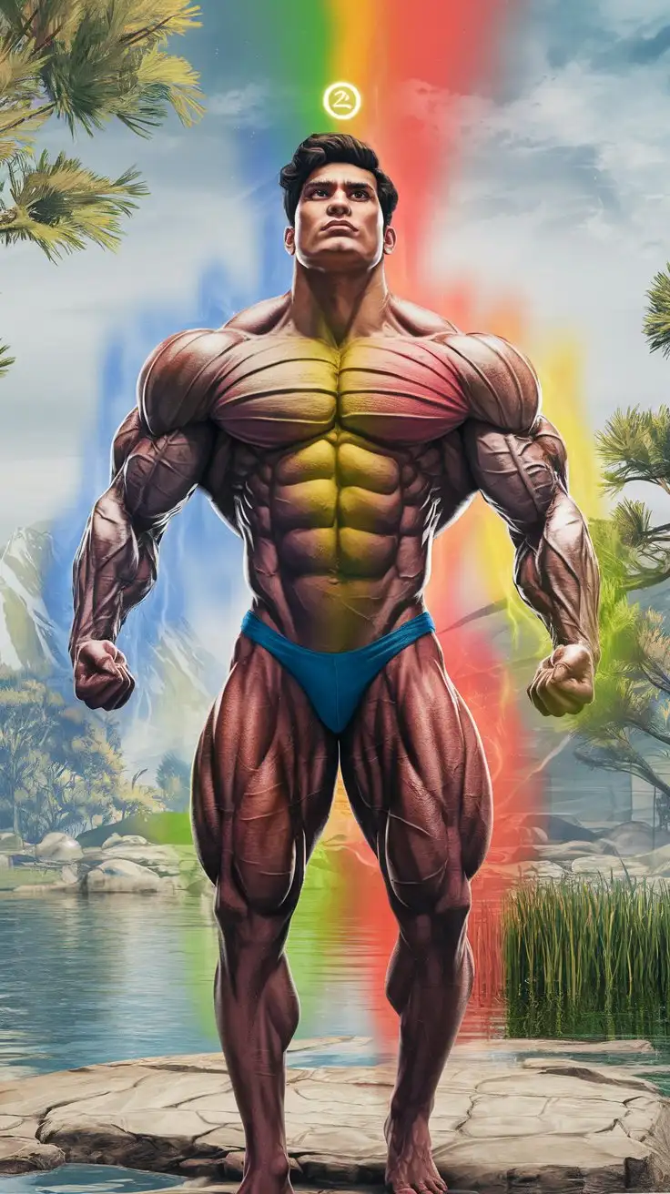 Powerfully muscled, hugely ripped, pumped, West Indian bodybuilder musclegod reverently receives chakra powers, becomes a mighty superhero. 24 years old. Photorealistic.