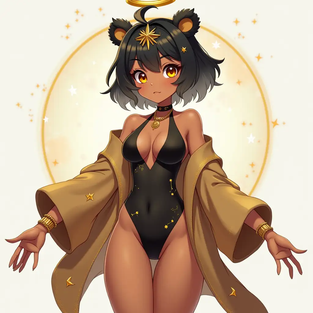 Female humanoid celestial bear. Caramel skin with delicate golden constellation markings, short bouncy and voluminous hair that's black at the roots and transitions into soft grey at the tips, glowing orange to yellow ombre eyes, Fluffy bear ears and a fluffy short tail. Wears an asymmetrical robe that drapes off her shoulders with a sleek body suit dotted with gold accents along with a delicate circlet atop her head, golden dainty bracelets, anklets and earrings adorn her figure. Anime style