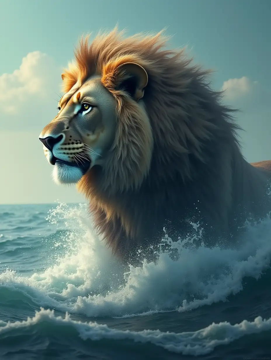 A lion emerges from the sea with a head like The monster