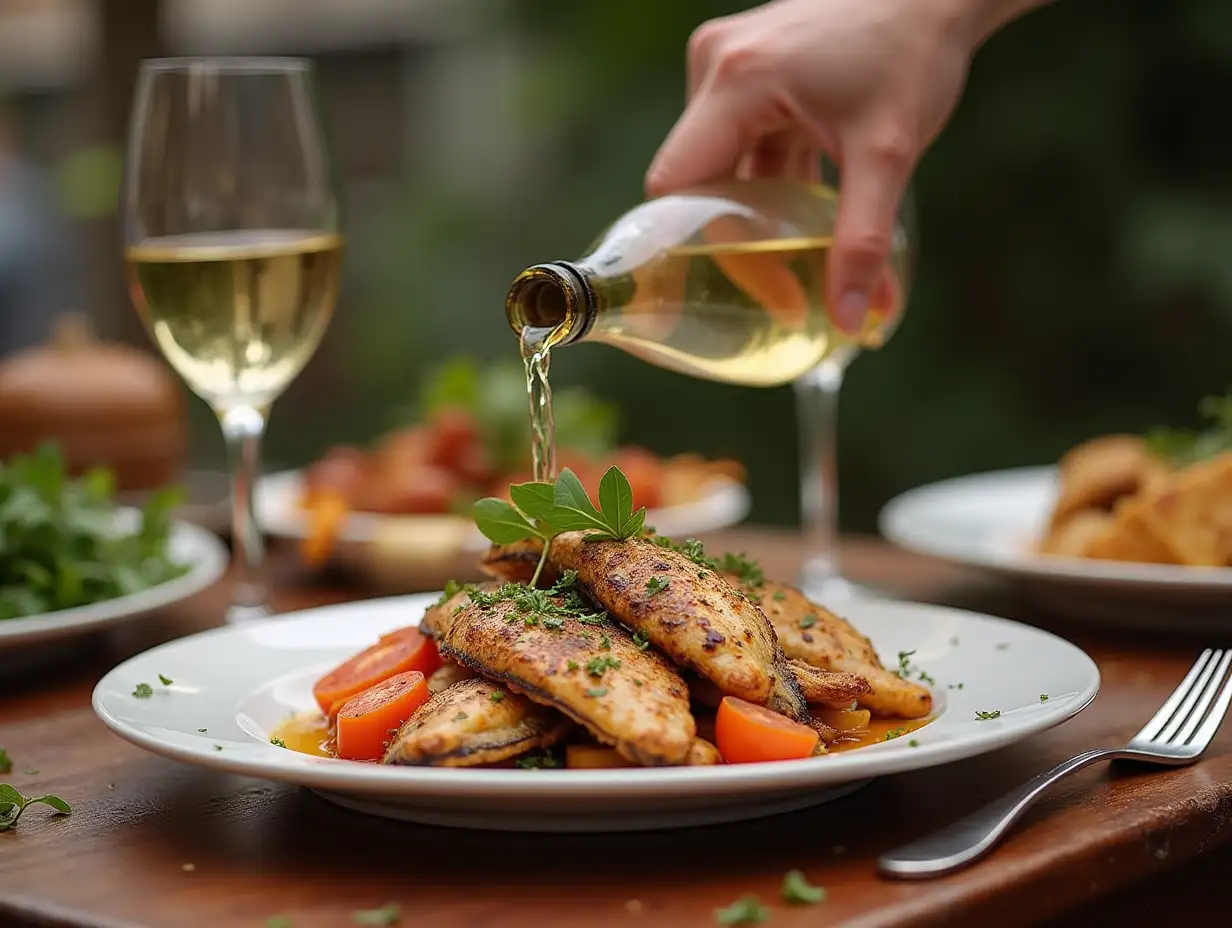 Street food based on fish, white wine that is poured into a glass