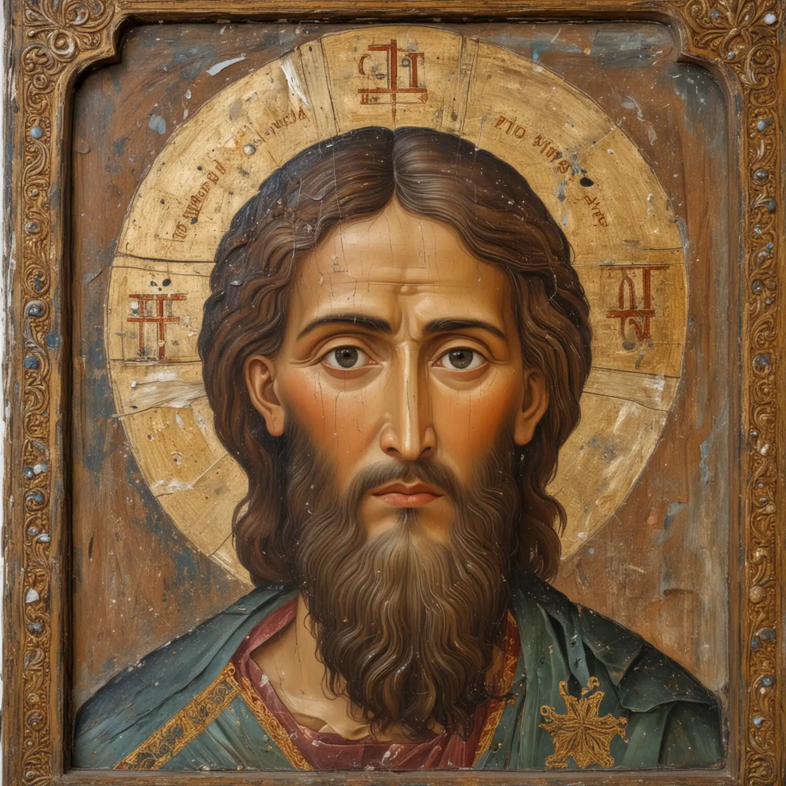 View strictly from the front. An Orthodox icon with the face of Christ, painted in mineral tempera. The icon is very old. It has many chips, scratches and peeling paint. The colors on the icon are dull and faded.