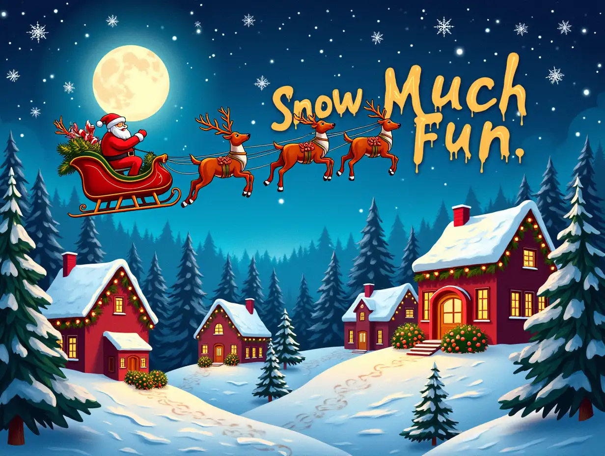 Vector illustration, Art style: stained glass, Art inspiration: realistic description. Create a festive Christmas scene with a sleigh full of Santa and Reindeer flying through a starry night sky above a snow-covered village. The houses in the village should be adorned with twinkling lights and Christmas decorations. A full moon should illuminate the scene, casting a warm glow over the winter wonderland. The text 'Snow Much Fun' should be written in bold, festive lettering, with a dripping paint effect.