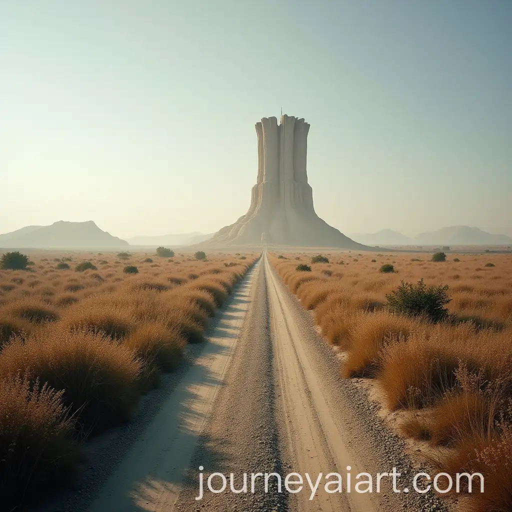 Side-View-of-Road-Leading-to-a-Tall-Baadgir-in-a-Desert-Landscape
