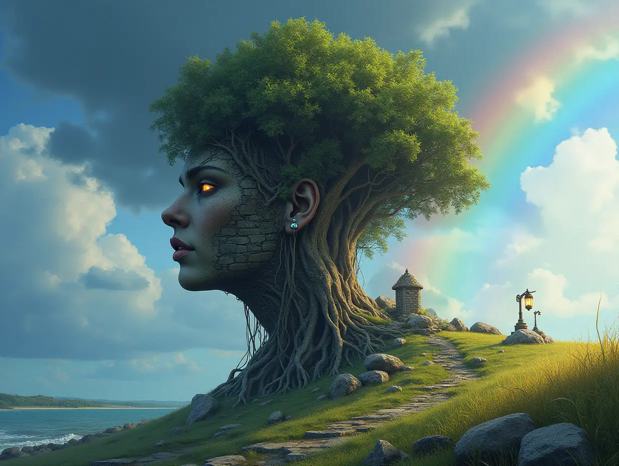 Creating a Digital painting face with hair transformed into building with stones and trees with roots and rocks and lantern at the sea strange creature-alien on a meadow rainbow blue sky