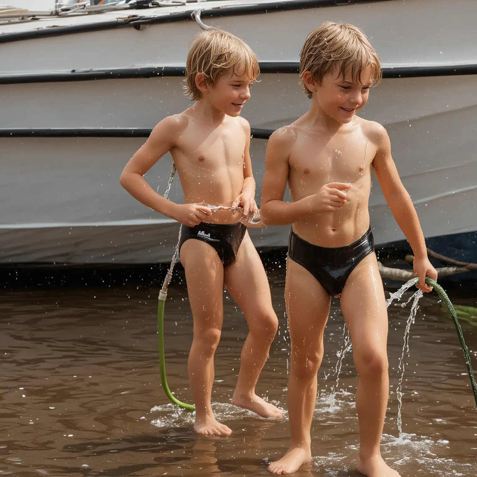 Two-Boys-in-Leotards-Playing-with-a-Hose-Outside-a-Boat