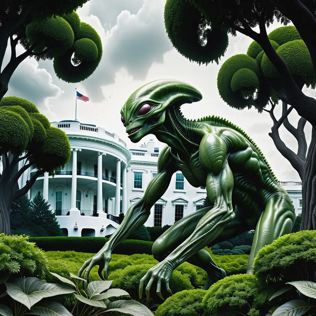 Alien Reptoid Concealed by Bushes Near White House and Towering Trees