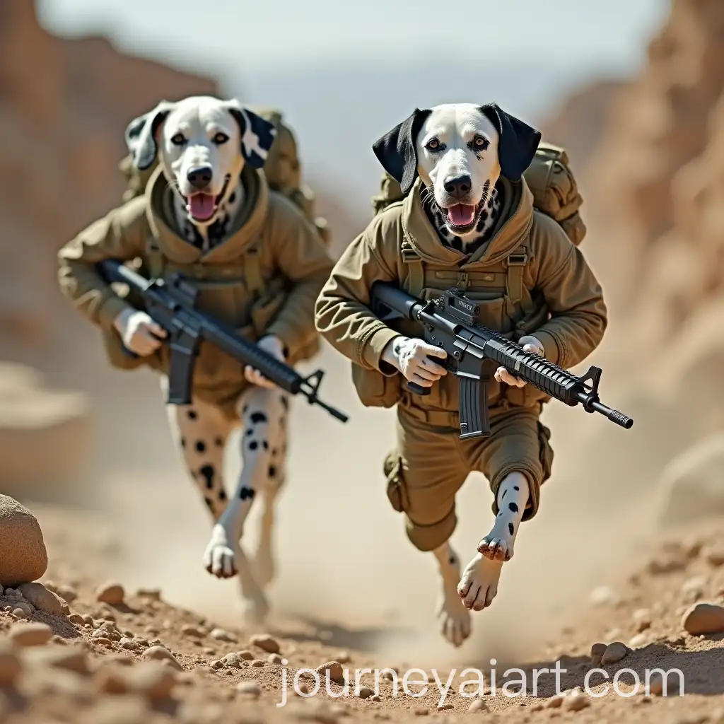 Dalmatian-Dogs-in-Military-Combat-Gear-on-Rocky-Desert-Terrain