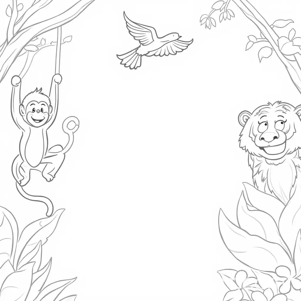 Curious-Monkey-Swinging-on-Vine-in-Playful-Jungle-with-Tiger-and-Parrot
