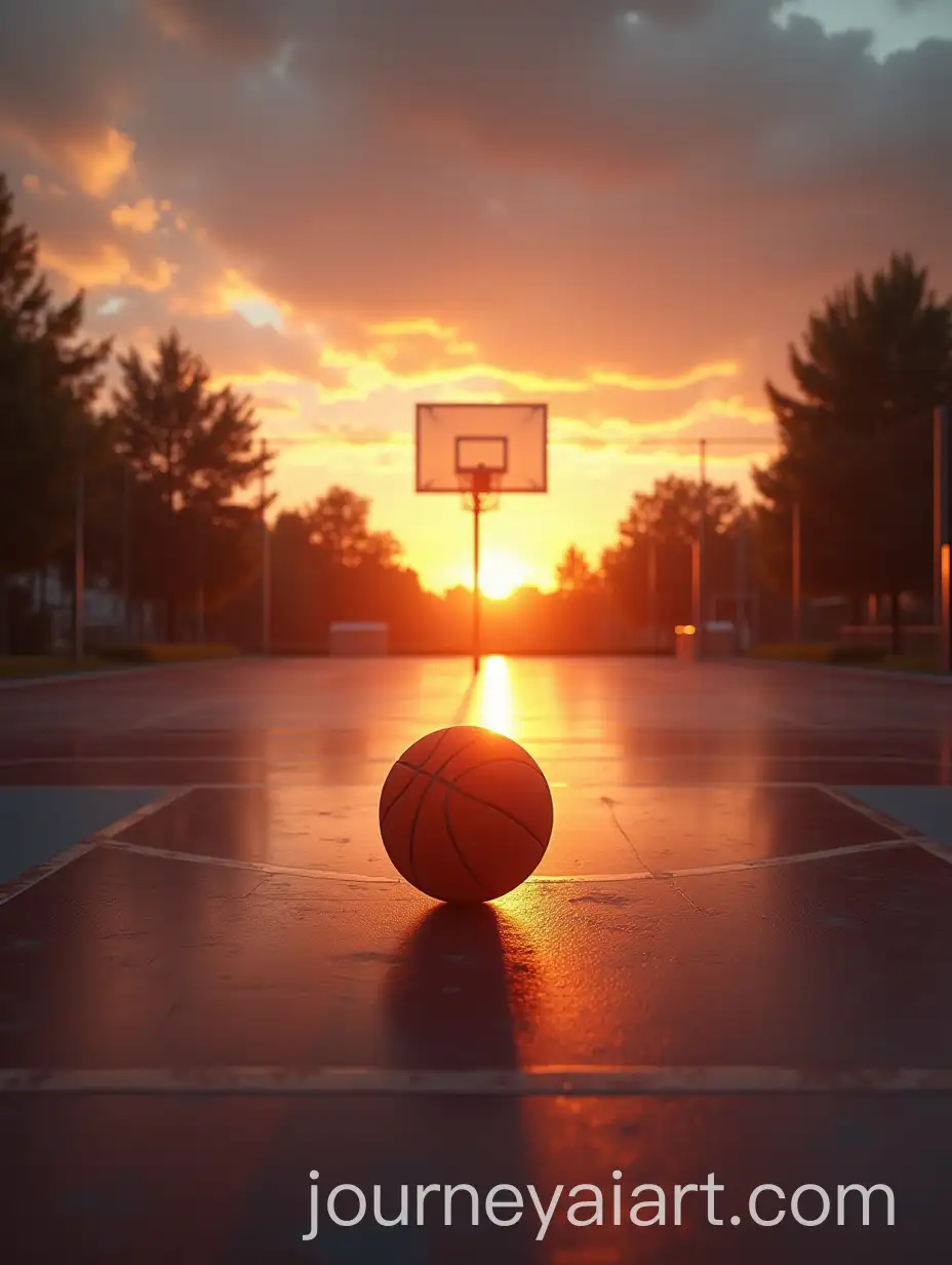 HyperRealistic-Sunset-Basketball-Court-with-Ball-on-the-Floor