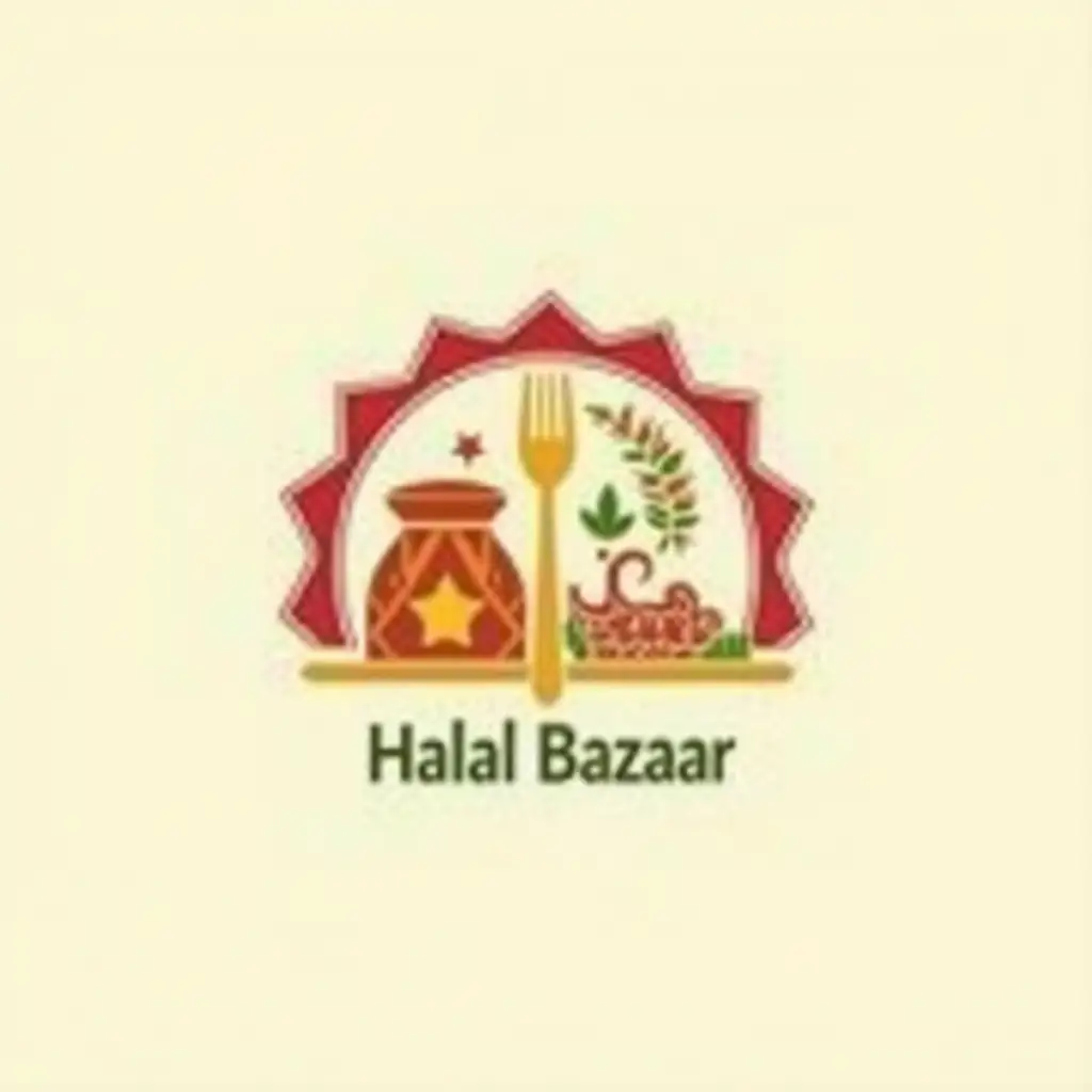 Create an inviting and appetizing logo for 'Halal Bazaar', a collection of halal restaurants. The logo should include a plate, fork, or dining elements combined with Islamic design motifs such as a crescent. Use warm and vibrant colors such as red, orange, and green to convey the idea of delicious, wholesome food. The design should feel welcoming and authentic, symbolizing a premium halal dining experience.