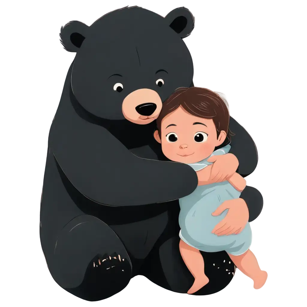 Cartoon-Style-PNG-Image-of-a-Girl-Baby-Cuddled-by-a-Bear