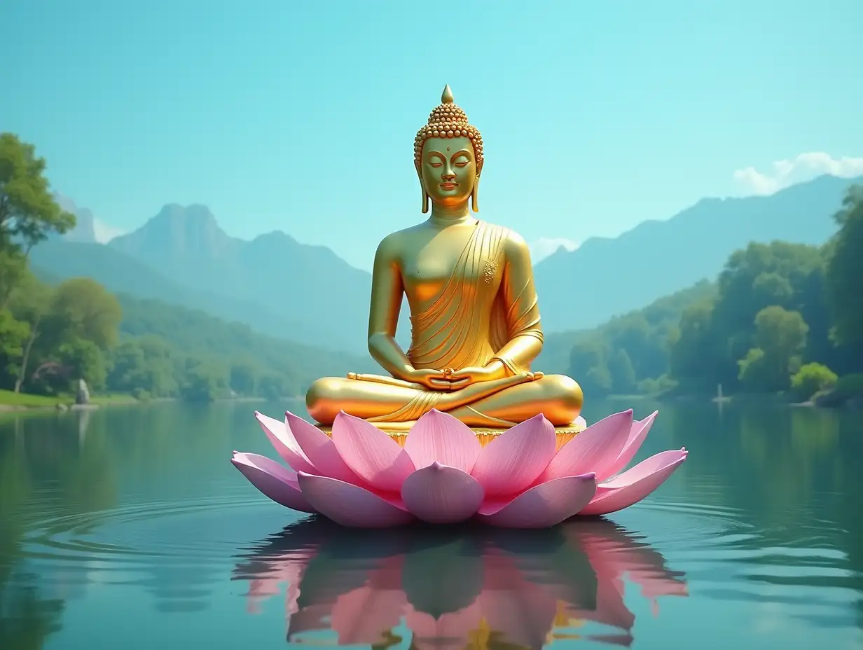 a simple image of a giant golden meditating Buddha statue sitting in a giant blooming lotus flower in the middle of a lake, clear blue sky and lush green landscape, 8k, ultrarealistic, masterpiece, natural light, sharp focus