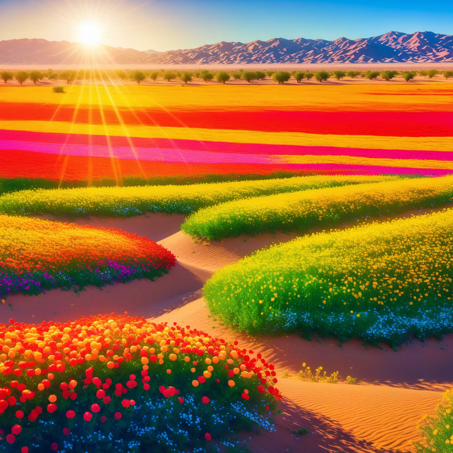 Vibrant Flower Field in Desert Landscape with Smiling Person