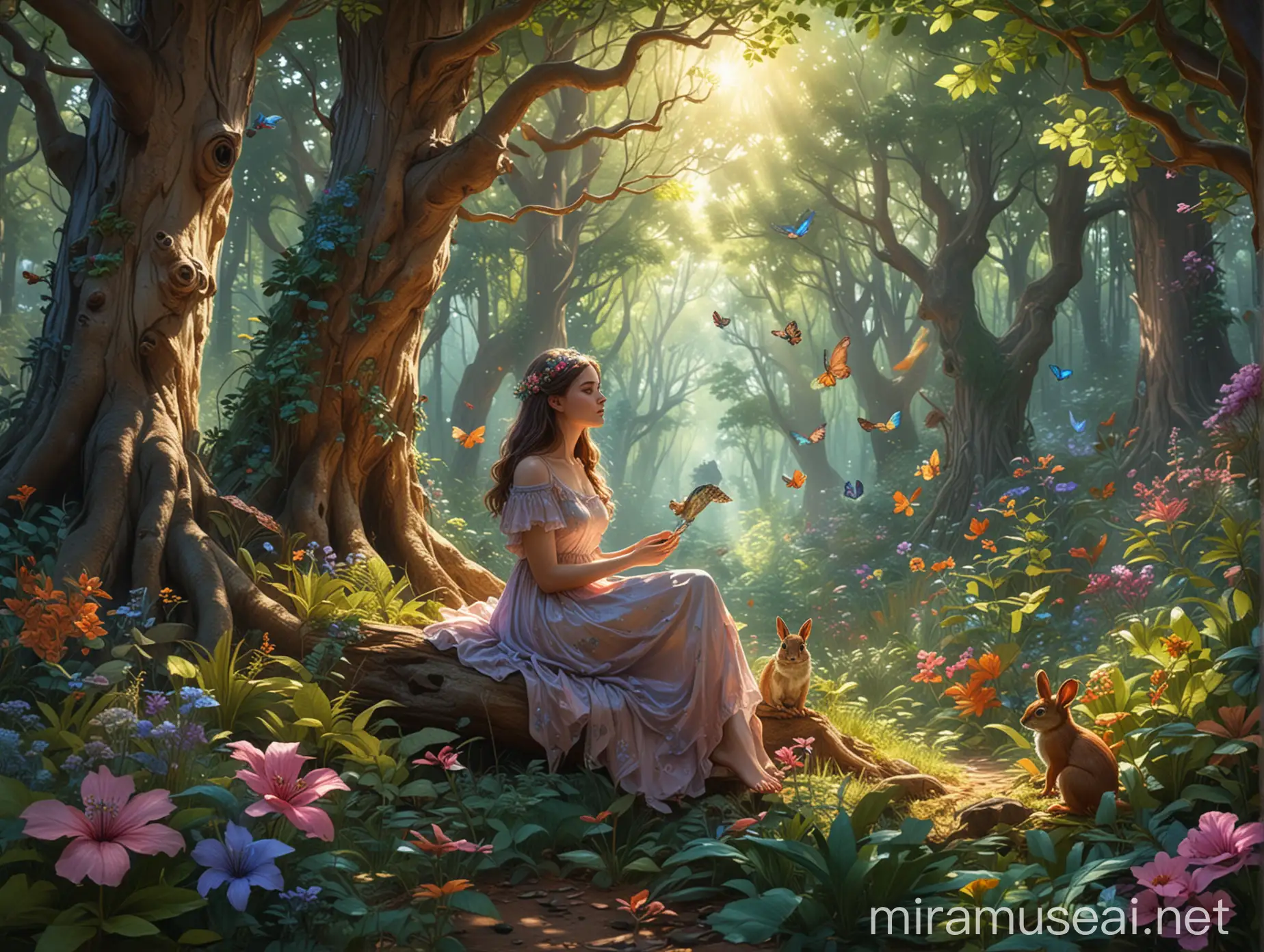 Enchanting Forest Scene with Fairies and Animals