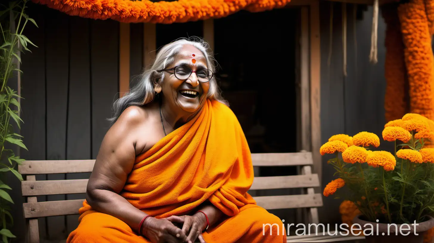 Elderly Hindu Woman Monk Laughing with Bodybuilder in Marigold Garden at Indian Ashram