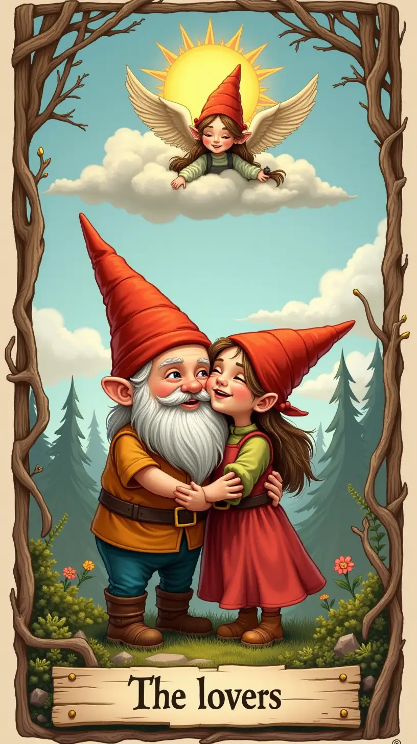 A gnome themed illustrated tarot card with a border made of thin wood. a plank with nails at the bottom of the card for a text box. 'the lovers' With a young gnome male with a light brown beard and a female gnomess of the same age embracing. Above them in a cloud, is an angel Gnomess. and a sun.