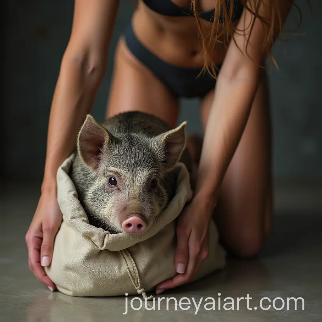 Woman-Grabbing-and-Stuffing-Small-Wild-Pig-into-Cloth-Bag