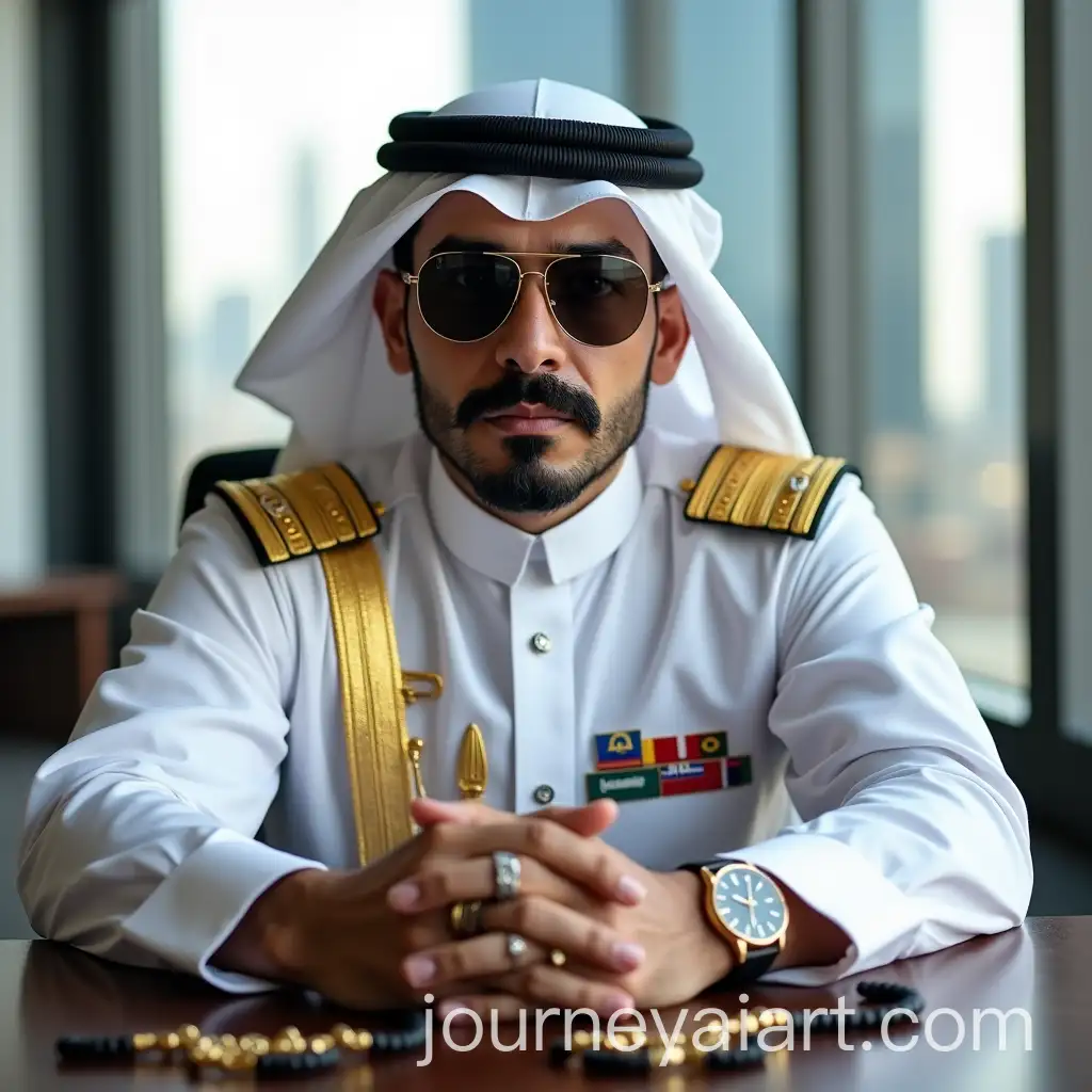 Handsome-Man-in-Gulf-Uniform-with-Swiss-Watch-and-Rosary-in-Luxurious-Office-Overlooking-Skyscraper