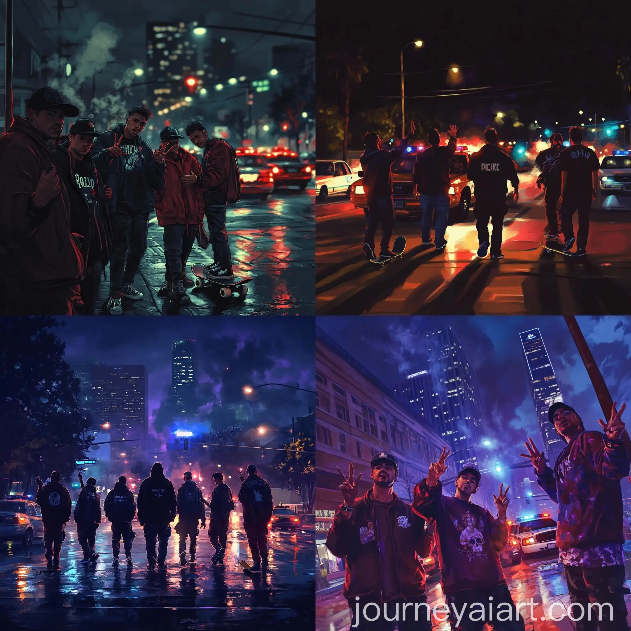 Urban-Night-Scene-with-Gang-Gestures-and-Police-Lights